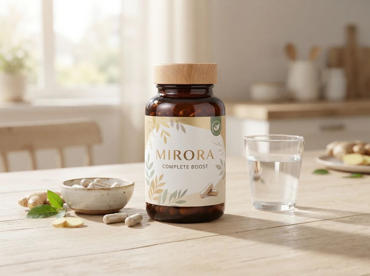 Mirora Complete Boost förpackning med vatten och frukost